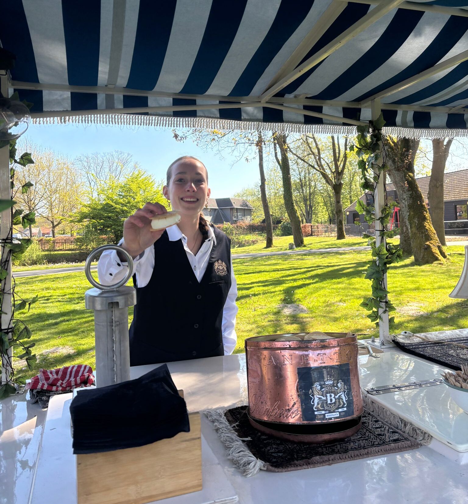Vrouw serveert steekijs bij buitenkraam in park